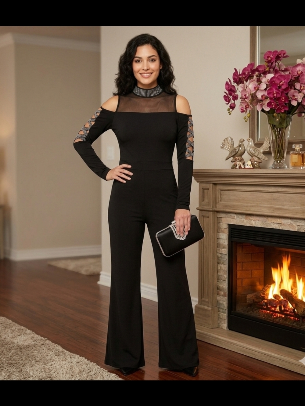 Black Wide-Leg Cold-Shoulder Jumpsuit with Mesh and Cutout Sleeve Detail
